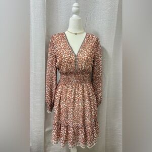 Max Studio Women’s Orange Floral County Dress Smocked Waist V-Neck Ruffle Dress